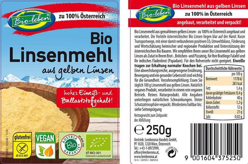 Glutenfreies Bio Linsenmehl Gelb aus Österreich